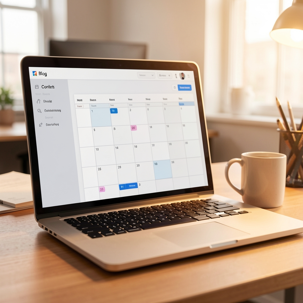 Laptop screen showing a clean blog content calendar interface with a coffee mug nearby