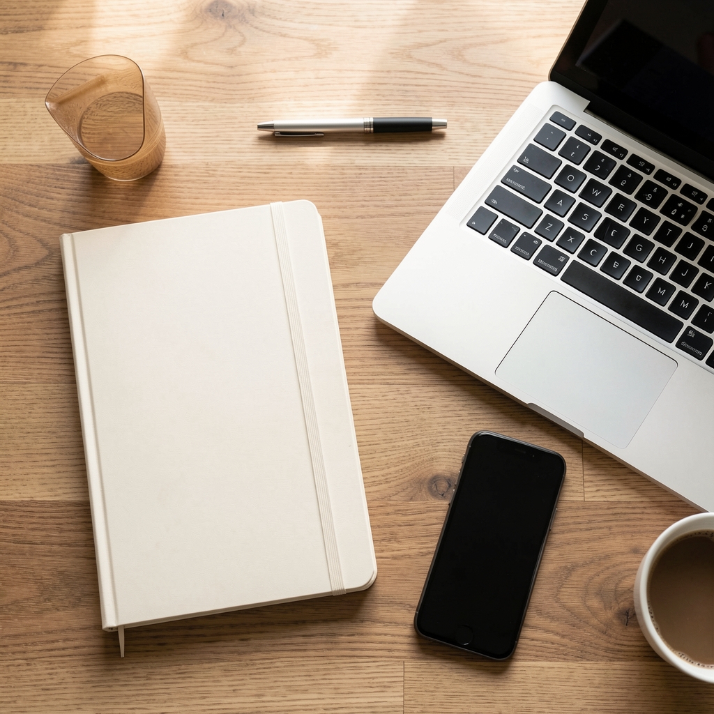 Overhead flat-lay of an organized workspace with notebook, laptop, and phone on a wooden desk